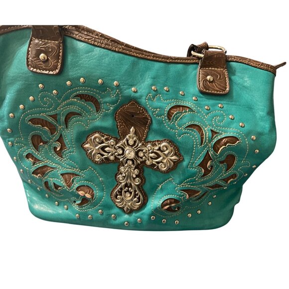 Western Turquoise  Bag Embellished Cross Design SMALL FLAW Cogril Rodeo Ranch - Picture 1 of 11